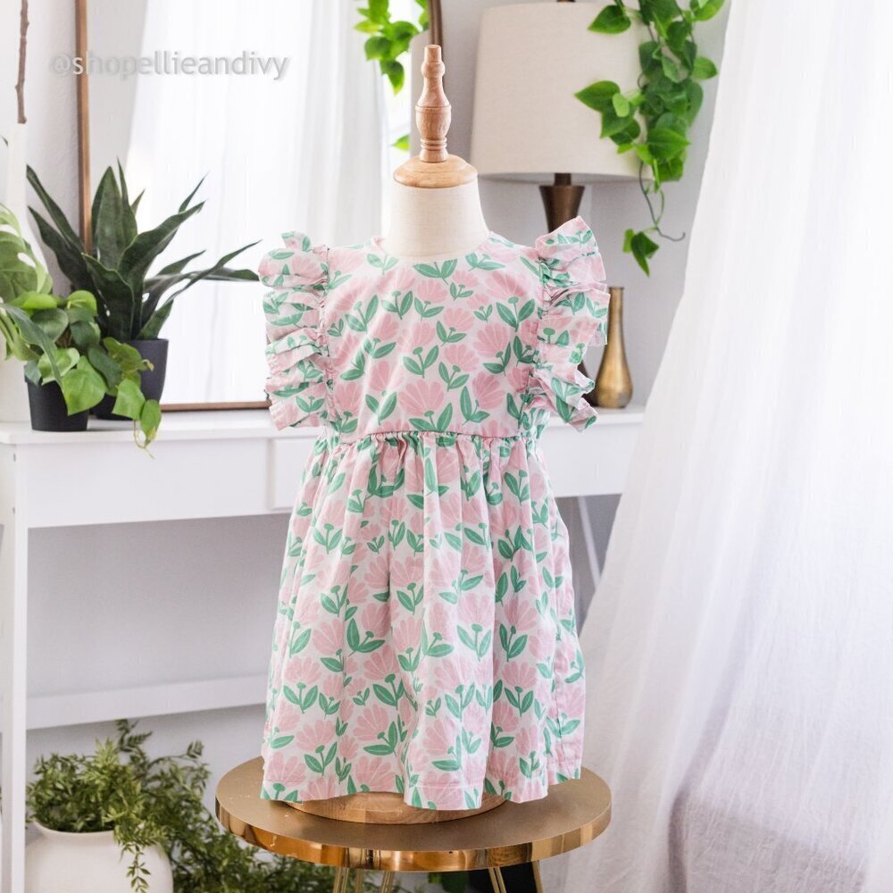 cuteheads Girls Pink and Green Floral Cotton Flutter Sleeve Pinafore Dress 5